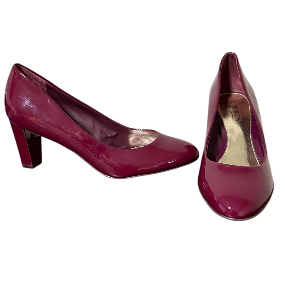 Lauren Ralph Lauren Hala Claret Red Patent Leather Block Heel Pumps Size 9